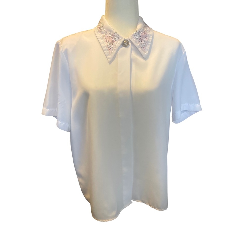 Classic Collection White Button Up Shirt Embroidered Collar Short Sleeve XL